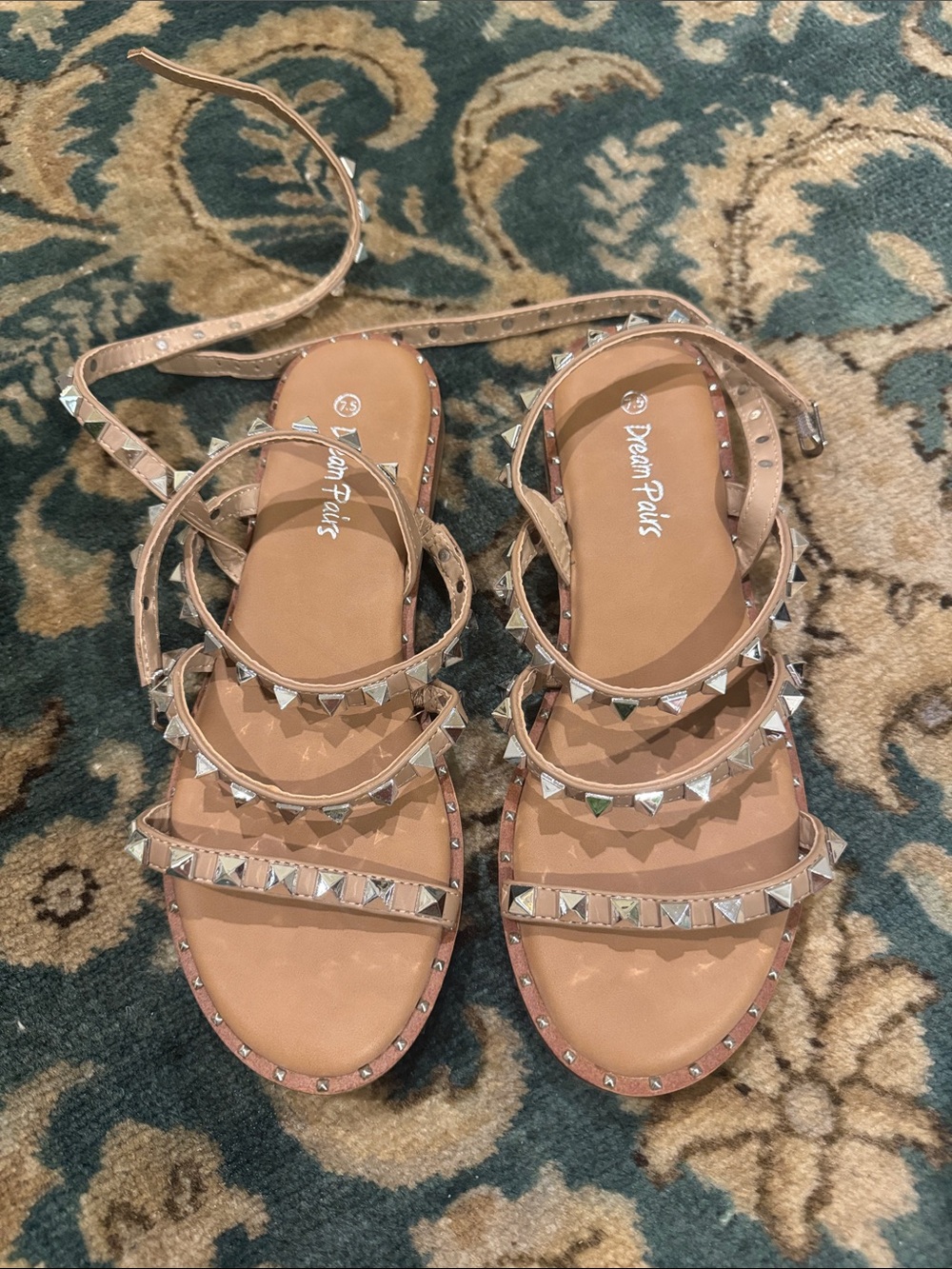 Dream Pairs Nude/Tan Pyramid Stud Ankle Wrap Sandals
